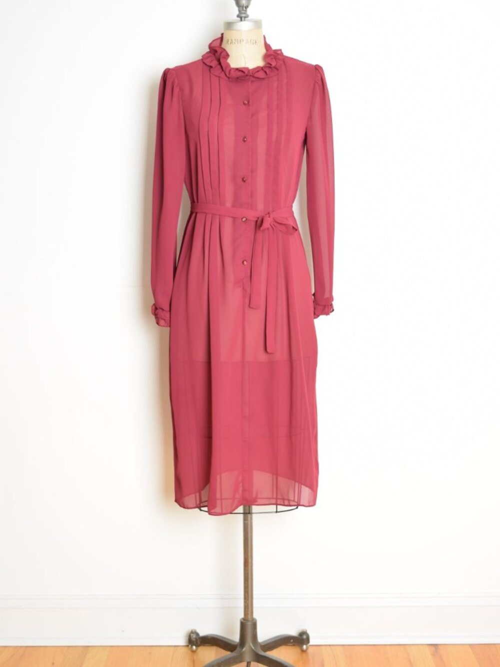 vintage 70s dress sheer burgundy tuxedo ruffle secretary cottagecore midi M